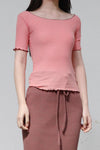 BASERANGE Round neck ruffled ribbed cotton T-shirt TOPA series collection France BAS-TOPA-RBV-WI22-FENHONG Pink TOPA-RB-000
